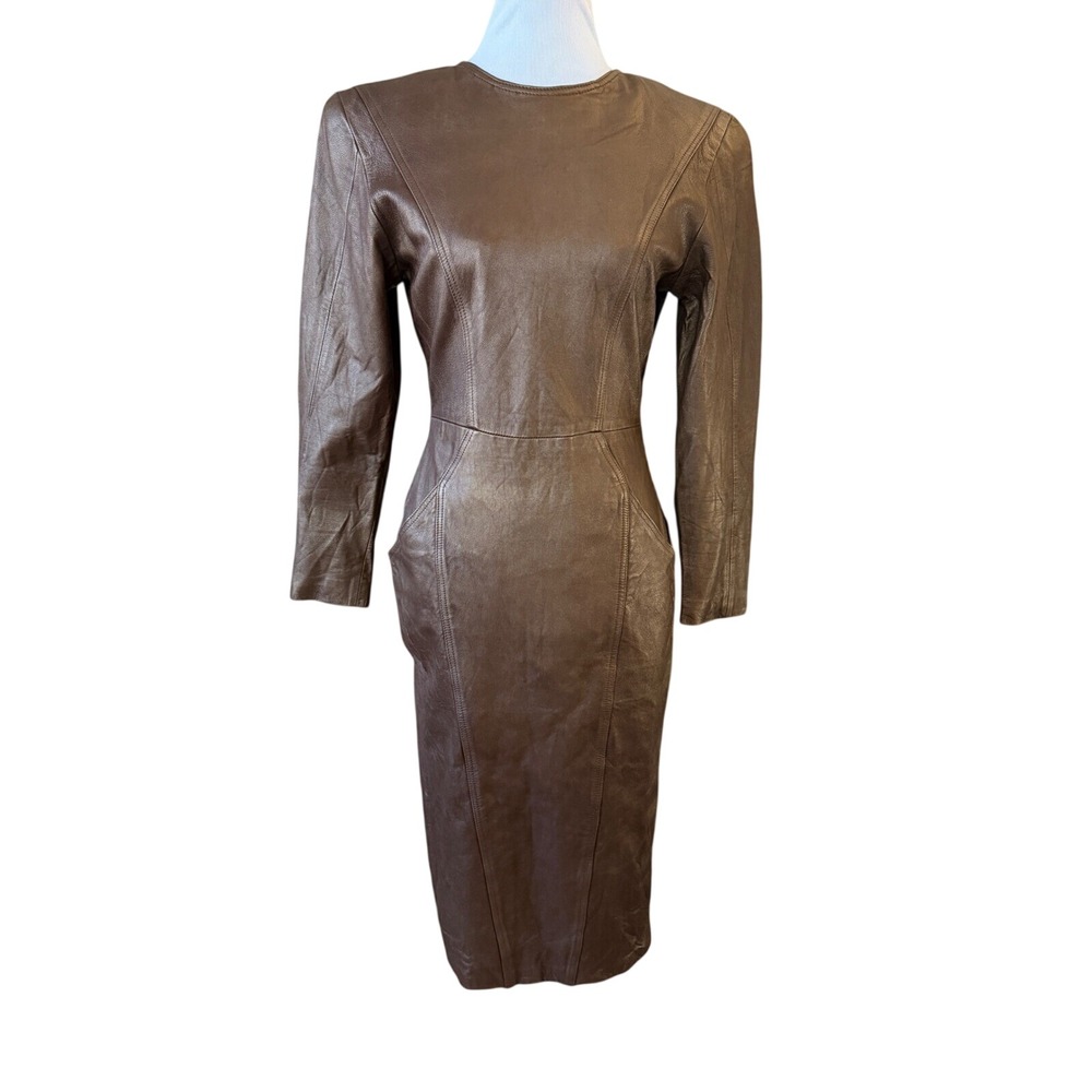 Joanie Char Leather Dress Women 8 Brown Vintage Midi Long Sleeve Tailored Pocket